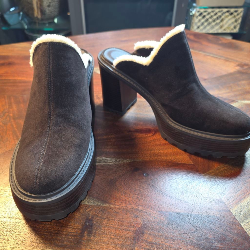 Women's ALEC Brown Suede Platform Mules Clogs with Cream Fur Lining US 11